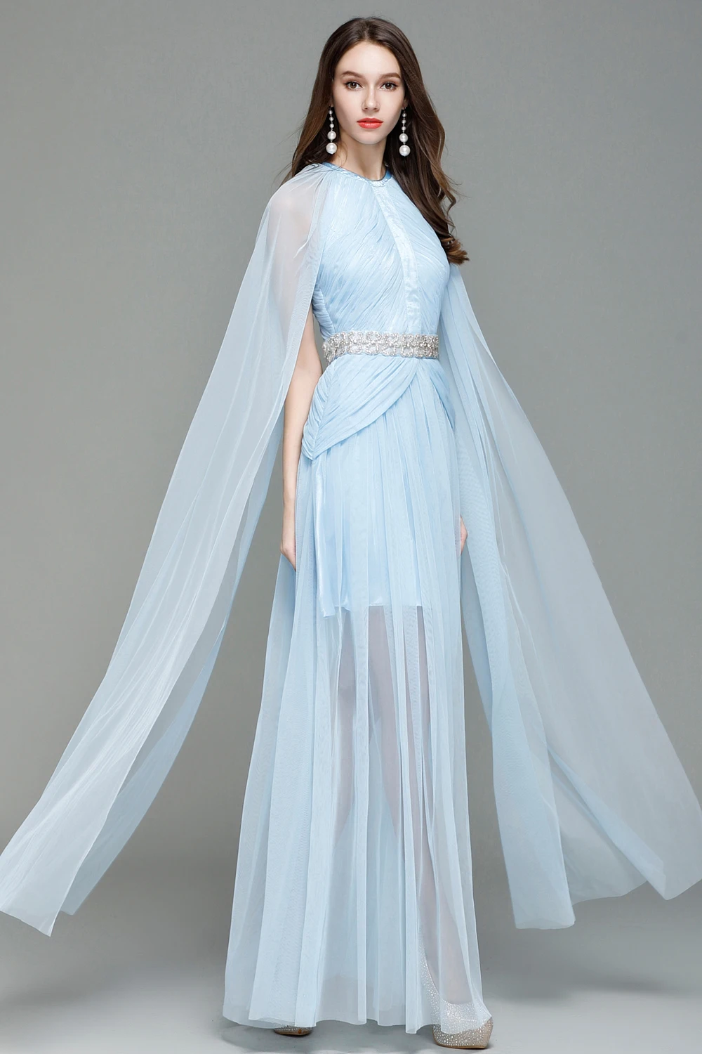 B0008 New Tulle Hand Beaded Ruched Shawl Maxi Wedding Light Blue Prom Women Ball Dress Long Gown B0008 New Tulle Hand Beaded Ruched Shawl Maxi Wedding Light Blue Prom Women Ball Dress Long Gown
