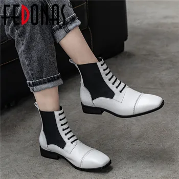 

FEDONAS 2020 Winter New Patchwork Quality Genuine Leather Woemn Ankle Boots Lace Up Short Boots Party Night Club Shoes Woman