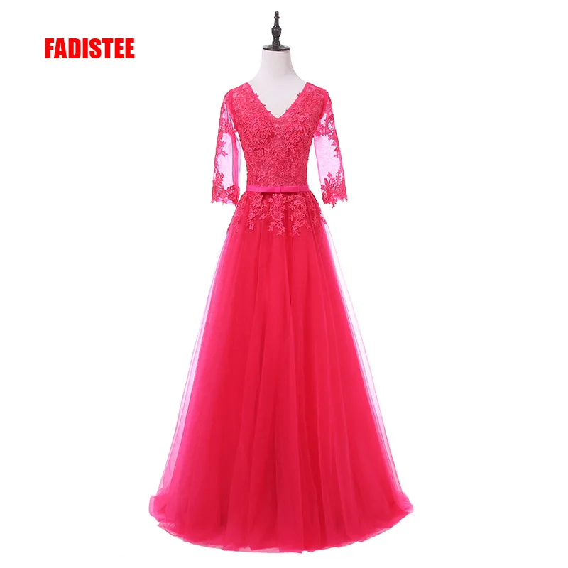 

FADISTEE Elegant Long Bridesmaid Dresses Appliques Lace half sleeves sexy V-neck see through style Wedding Party Dress Under 50$