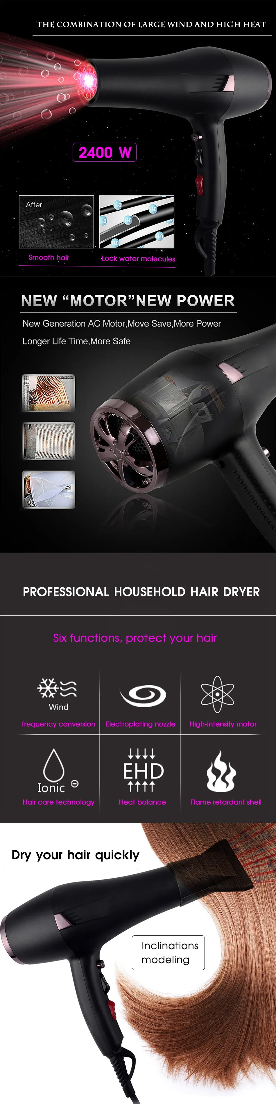 2000 Вт Мощный профессиональные салонные для волос сушилка крутая Кнопка фен для волос Электрический Фен горячий/холодный ветер фен