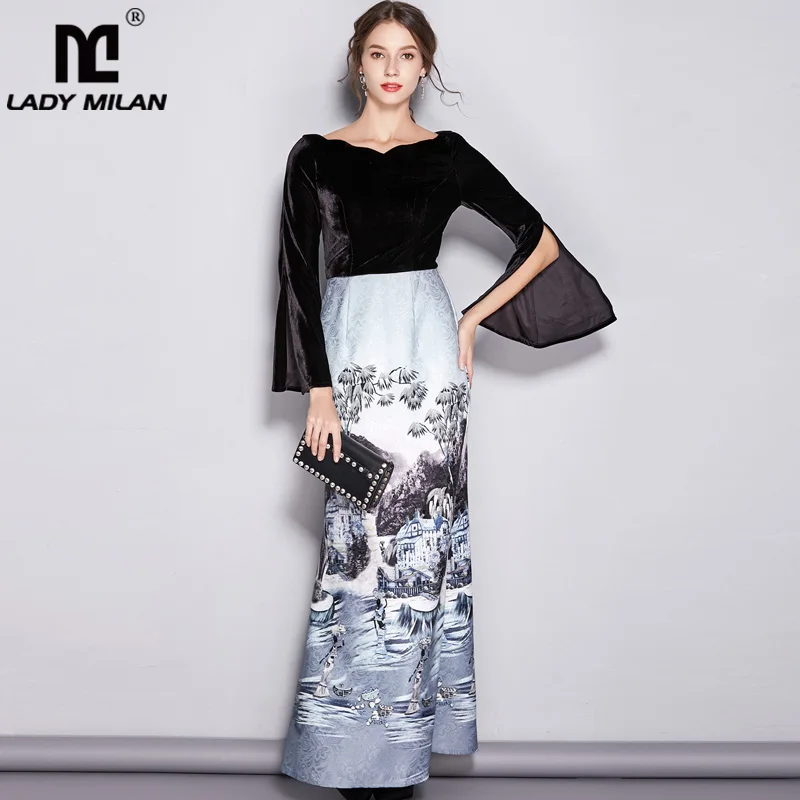 

Lady Milan Women's Runway Designer Dresses Slash Neckline Velvet Printed Patchwork Elegant Long Prom Party Dresses