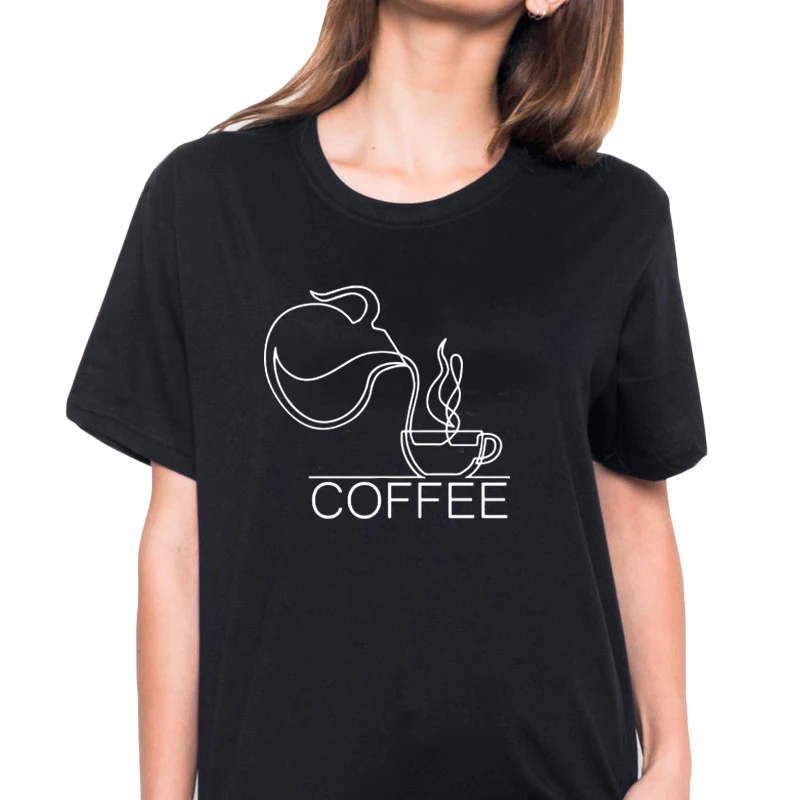 

Coffee T Shirts Women's Fashion 2019 Summer Tops Casual Cotton T Shirt Coffee Harajuku Art Line Printed Female T-shirt 7 Colors