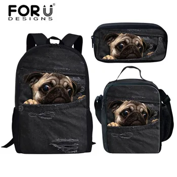 

FORUDESIGNS Satchel 3PCS/Set School Bags for Girls Boys Denim Cute Pug Pattern Children Backpack Book Schoolbag Mochila Escolar