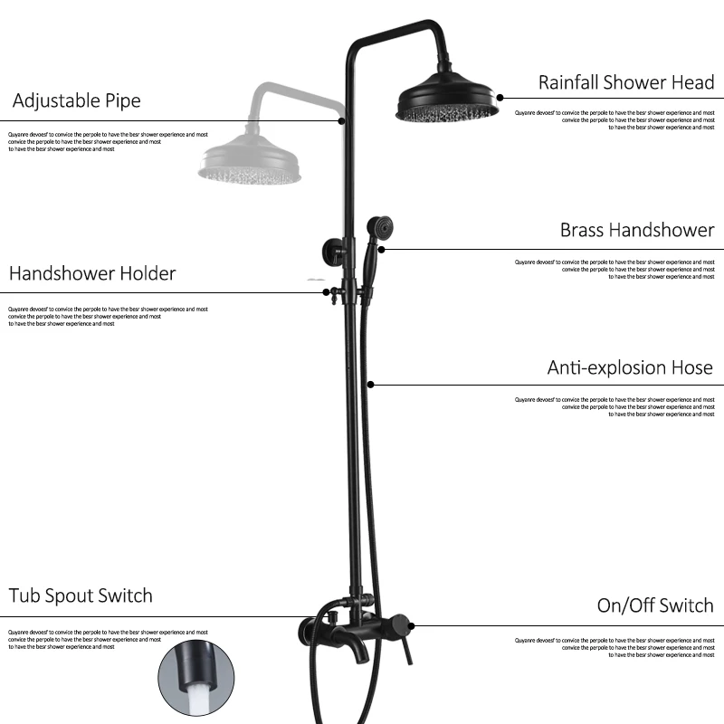 quyanre wanfan frap black shower faucets set rainfall shower head brass handshower waterfall tub spout bath shower3