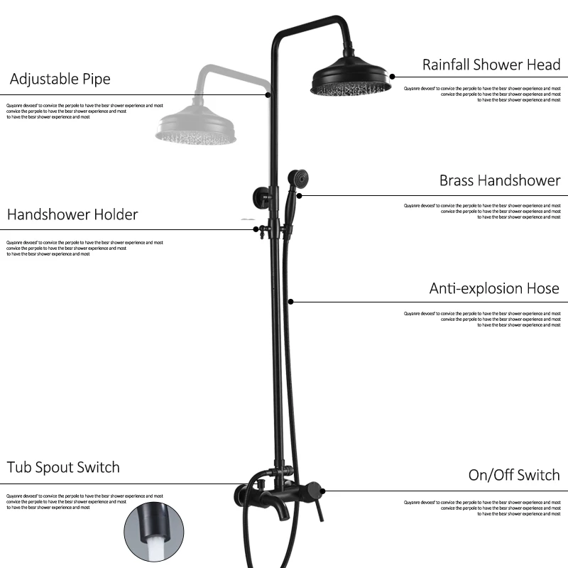 Quyanre черный набор душевых смесителей " латунный душ с дождевой насадкой ванна носик для ванной душ настенный черный медный излив на ванну душ
