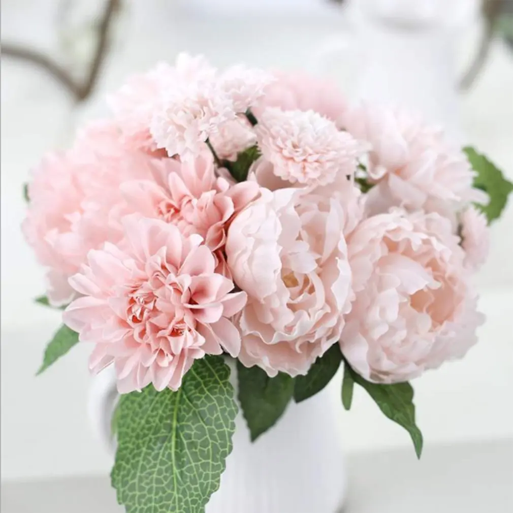 8 Heads Beautiful Fake Artificial Flower Dahlia Peony Silk Flower Bouquet For Wedding Home Party