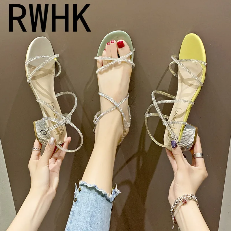 

RWHK 2019 thick with sandals thin belt with rhinestone hollow sandals suede word buckle female shoes summer sandals B130