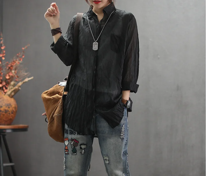 Spring Blouse Retro Loose Casual Women Shirt Tops Turn-down Collar Cardigan Button Solid color 2019 New Ladies |