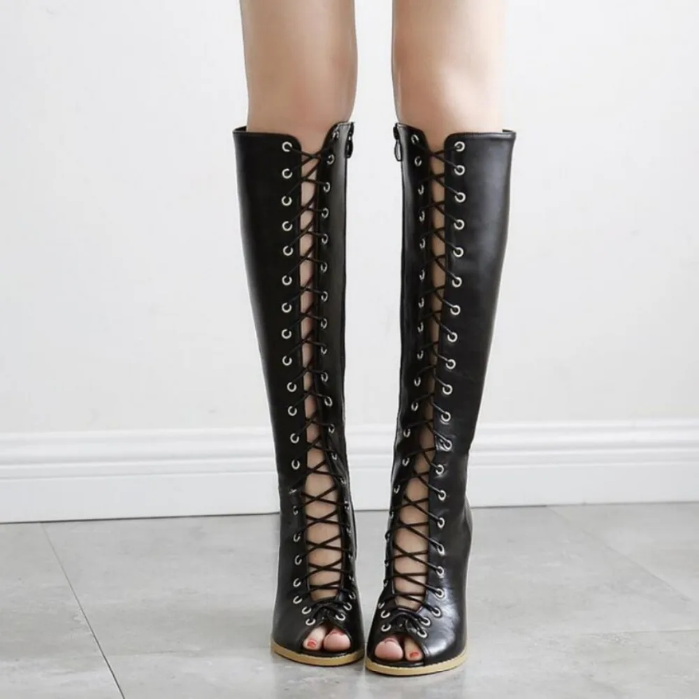 

2017 Fashion hollow out thick heel fish mouth women boots Female sexy new lace up kee high boots high heel shoes women