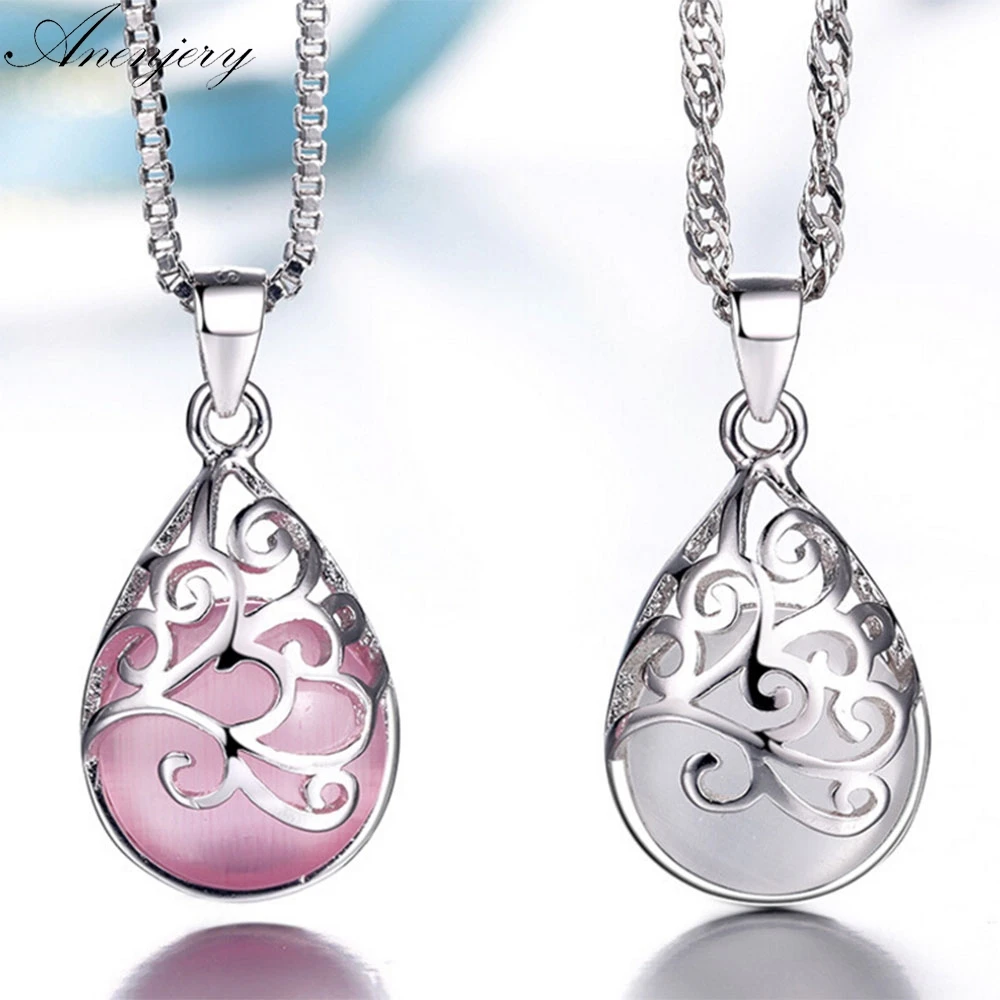 

Anenjery 925 Sterling Silver Necklace Love Angle Tear Moonlight Opal Pendant Neckace For Women Gift 45cm Box Chain choker S-N83
