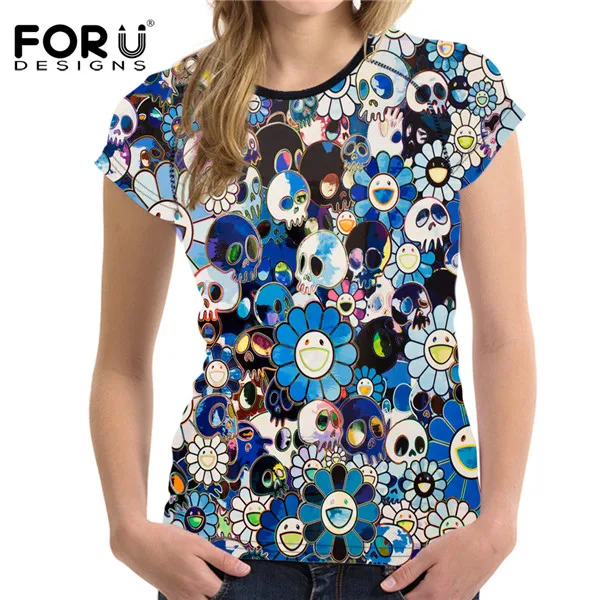 FORUDESIGNS/Модная женская футболка, летняя футболка с коротким рукавом в стиле панк с принтом черепа, Повседневная футболка для женщин, удобная футболка, топы - Цвет: H2340