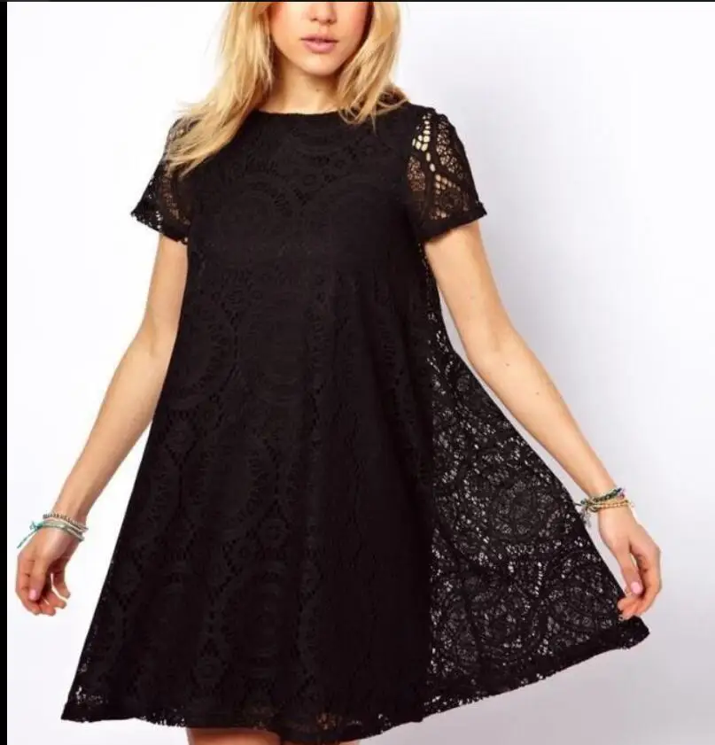 

Summer large size women's dress loose short-sleeved hollow kaleidoscope style lace bottom a daesses