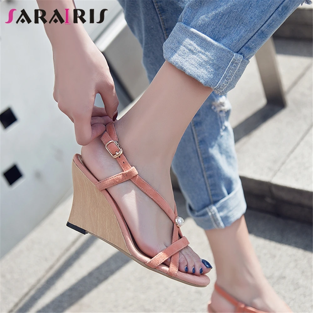 

SARAIRIS New Arrivals 2019 Kid Suede Sandals Woman Shoes Wedges Heels Peep Toe Party Wedding Shoes Woman Sandals Lady Shoe