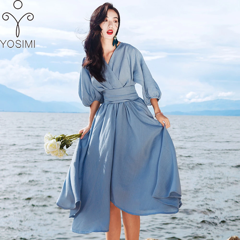 

YOSIMI 2018 Autumn Maxi Chiffon Vintage Midi Women Dress for Woemen V-neck Female Vestido Blue Tunic Evening Party Dress Travel