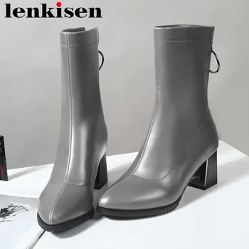 

Lenkisen office lady high quality pu handmade high thick heels big size zip oxford pointed toe british style mid-calf boots L2f4