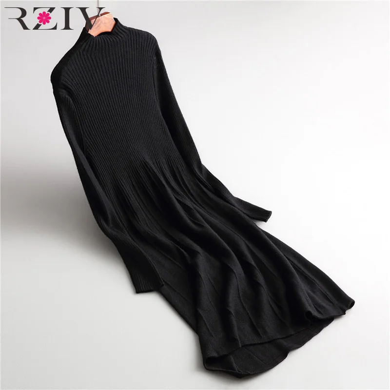 RZIV women sweater dress casual solid color high-necked long-sleeved knitted dress - Цвет: Черный