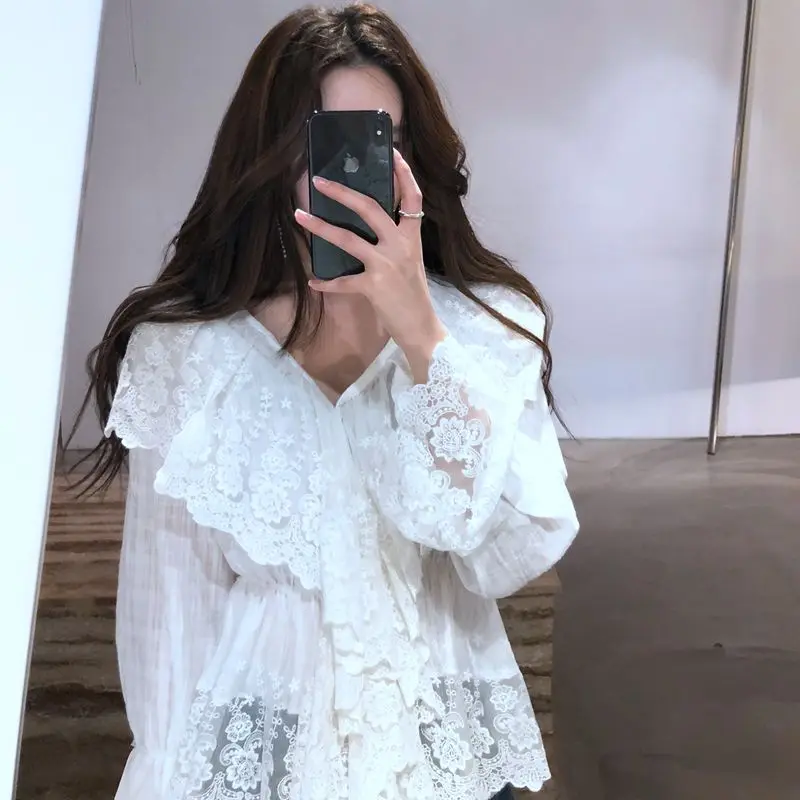  Young Gee White Black Sheer V-neck Ruffles Tops Women Long Sleeve Blouses Vintage Sexy Mesh Floral 