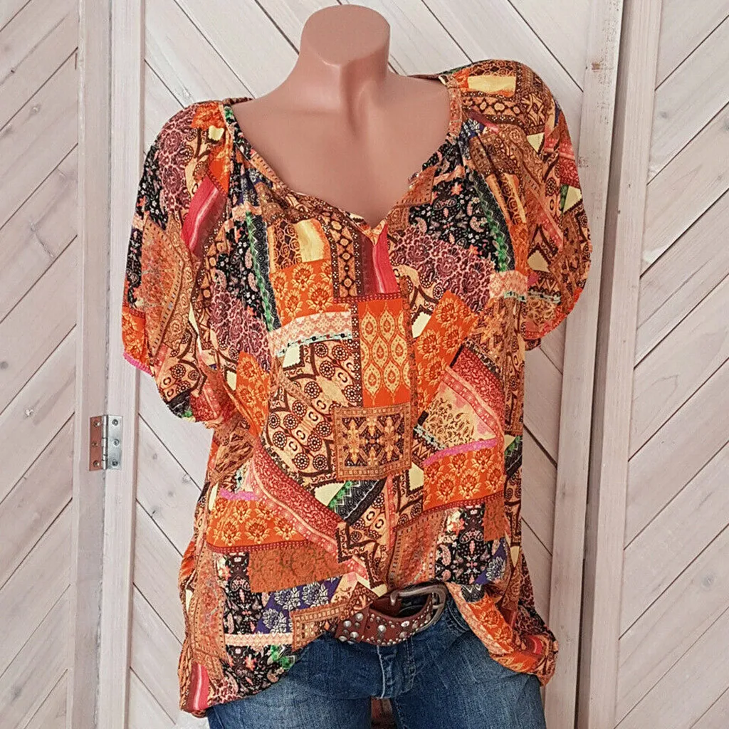 

Women's Shirts Ladies Plus Size Print Short Sleeve V-neck Pullover Tops Shirt Casual Cotton Blusas Female Roupa Feminina Camisas