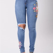 Стрейч вышитые джинсы для женщин эластичный цветок джинсы женские узкие джинсовые брюки Роза узор Pantalon Femme