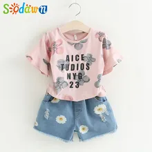 Sodawn Girls Clothing Sets 2017New Children Clothes 2Pcs Printed T Shirt Cowboy Print Shorts Summer Style