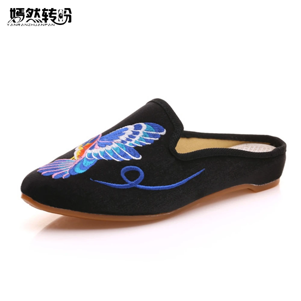 

Summer Women Slippers Faux Suede Sandals Hummingbirds Embroidered Slippers Pointed Toe Slip-on Cotton Soft Flock Shoes Woman