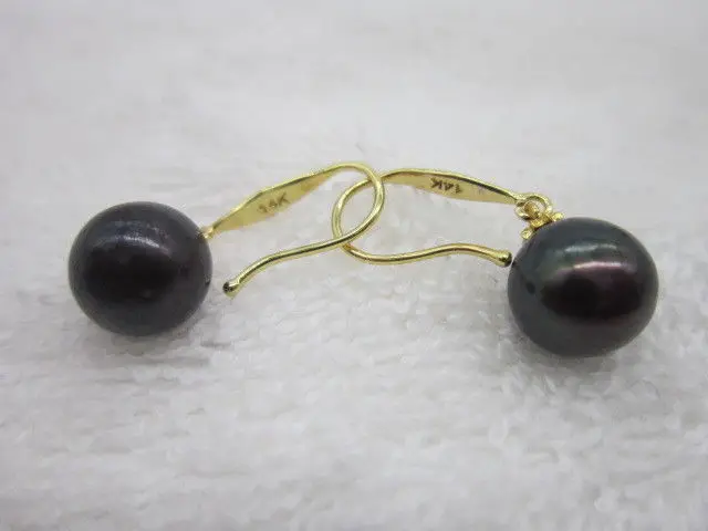 

GENUINE 9-10MM SOUTH SEA PURPLE NATURAL PEARL EARRING 14k/20 yellow GOLD HOOK