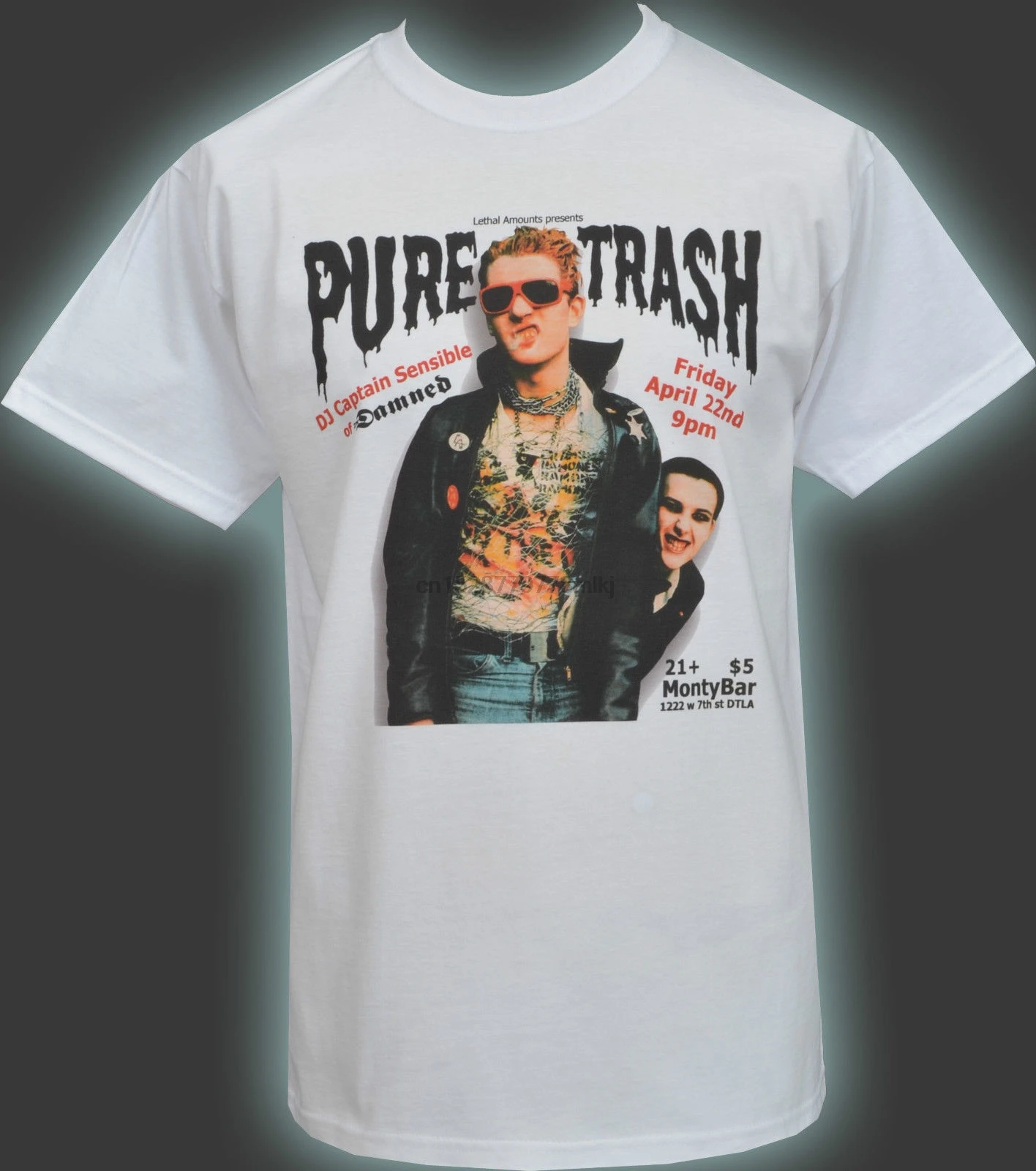 

MENS WHITE T-SHIRT CAPTAIN SENSIBLE PURE TRASH DAMNED PUNK ROCK FLYER S-5XL