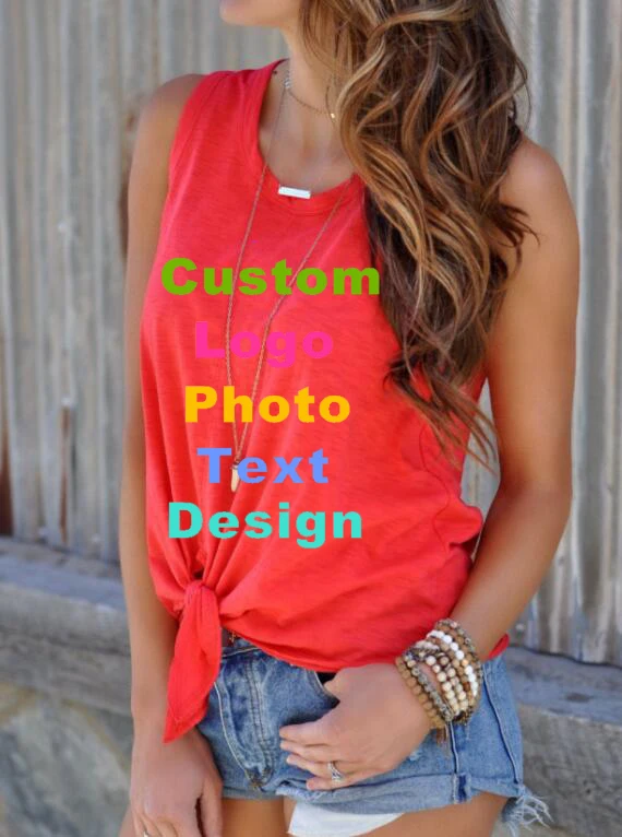 

Women's new round neck sleeveless hem knotted design Slim large size T-shirt solid custom printed design logo picture lace cosy