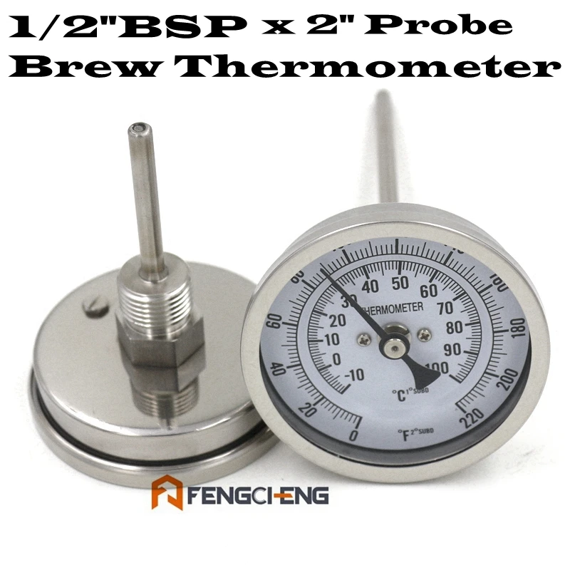 1/2" BSP Brew Thermometer, 3" Face & 2" Probe, 0220 F, 10 100 C