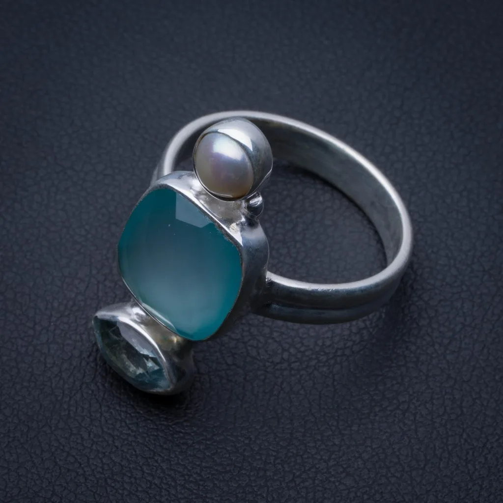 

Natural Chalcedony.Blue Topaz and Blue Topaz 925 Sterling Silver Ring, US Size 7.75 R3017