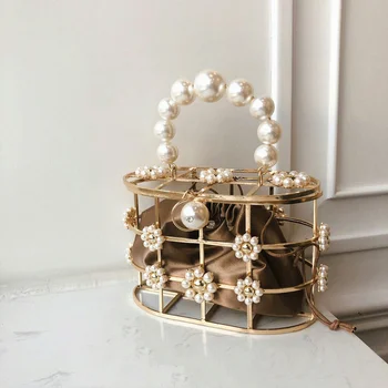 

Summer New Kind of Korean Alloy Hollowed-out Flowers Pearls Mother Bags InsTrendy Vegetable Baskets Handbags