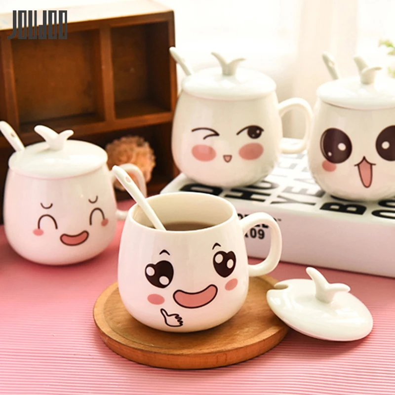 

JOUDOO 300ml Cartoon Ceramic Coffee Mug with Lid and Spoon Cute Water Bottle Lady Girl Office Home Student Tea Drinkware Cup 35