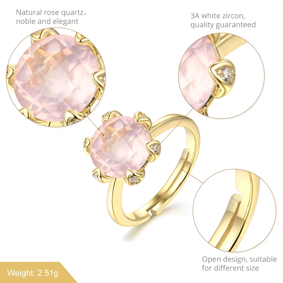ALLNOEL Real 925 Sterling Silver Rings For Women Natural Gemstone Rose Quartz Ring Resizeable Wedding Bands  Gift For March 8  (1)