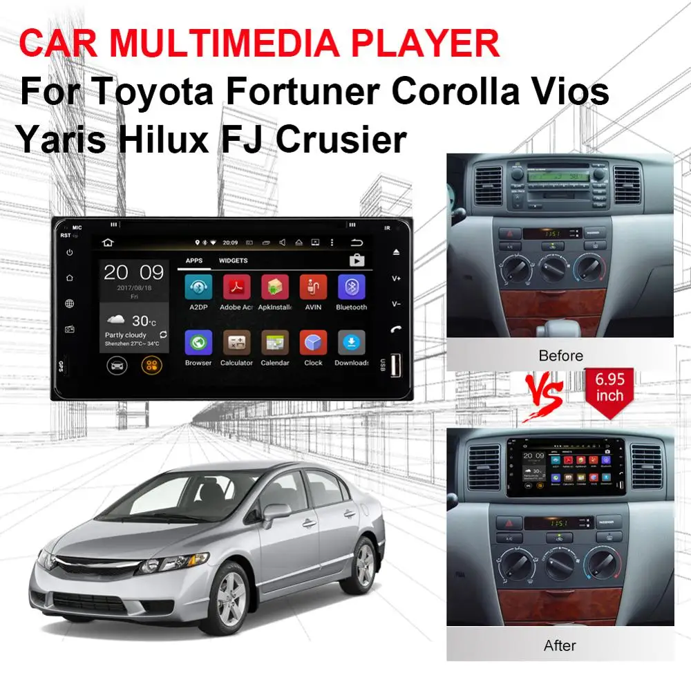 Perfect 8 Core Android 8.0 Car DVD Player with GPS Navigation Universal Model For Toyota Fortuner Corolla Vios Yaris Hilux Radio Stereo 2