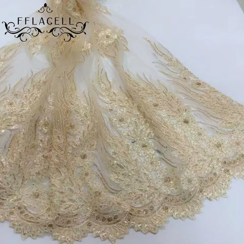 

FFLACELL 1 Yard French Net Lace Fabric Latest African Guipure Lace Fabric with Embroidery Mesh Tulle Sequins Lace Fabric