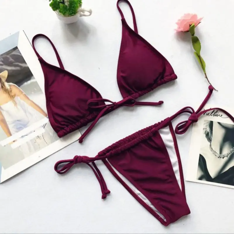 

Women Sexy Simple Solid Color Three Point Bikini Halter Thong Bra Set Swimsuit