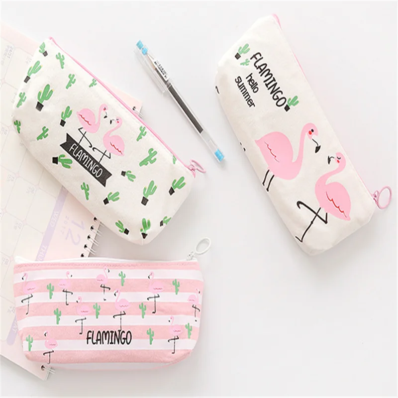 

1Pcs/lot Flamingo Cactus Pencil Bag Canvas Fabric Pencil Pouch Kawaii Stationery Organizer Zipper Pencil Case Pen