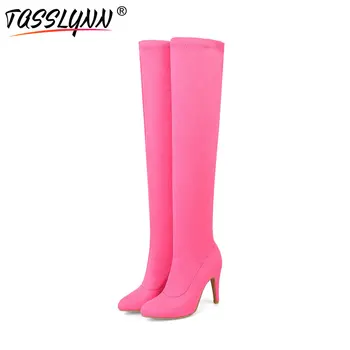 

TASSLYNN 2018 Sweet Candy Color Wedding Women Boots Pointed Toe Autumn Woman Shoes Over The Knee Boots Lady Thin Heel Party Shoe