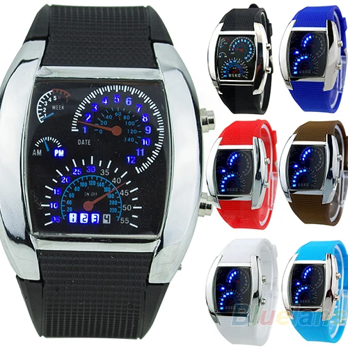 HOT SALE RPM Turbo Blue Flash LED Mens Sports Car Meter Dial Watch Store 51