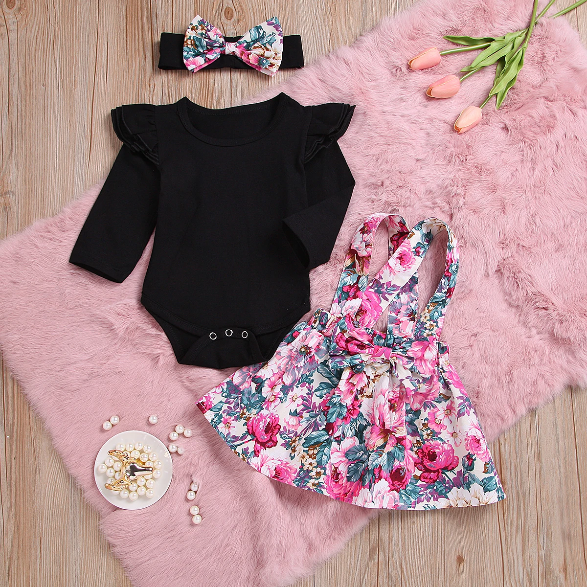 Emmababy/топы с длинными рукавами и бабочками для новорожденных девочек, боди+ нарядвечерние ное платье принцессы с цветочным рисунком на бретелях+ повязка на голову, комплект одежды