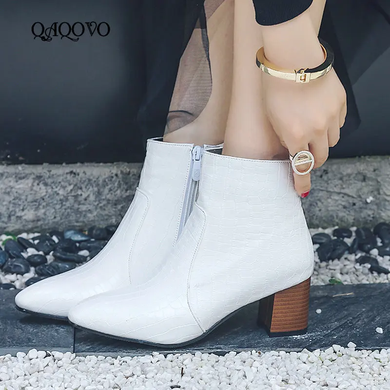 

Ankle Boots Women Embossing Leather Square High Heel Booties comfy Square Toe Autumn Winter Ladies Shoes White Black 2019 New