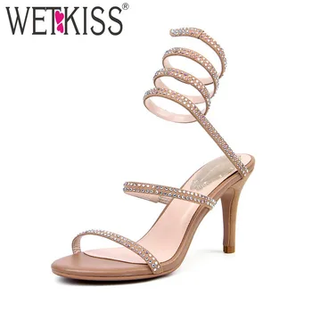 

WETKISS 2018 Summer Women Shoes Gladiator Sandals Kid Suede High Heels Ladies Sexy Snake Style Footwear Rhinestone Apricot Black