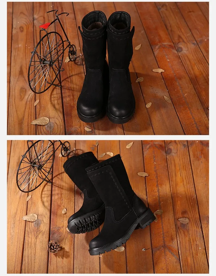 Г., осенне-зимняя обувь из натуральной кожи женские ботинки женские сапоги до середины икры ручной работы на низком каблуке с круглым носком и пуговицами
