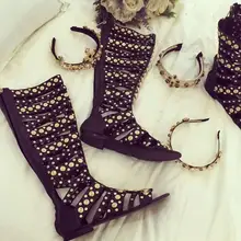 Sestito красивые женские с заклепками в римском стиле Стильные сандалии сапоги дамы вырезы Молния сзади сапоги до колена для девочек открытый носок с закрытой пяткой обувь