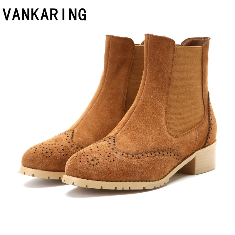 

VANKARING cow suede leather shoes woman ankle boots for women med heels retro shoes fashion women riding boots plus size 34-43