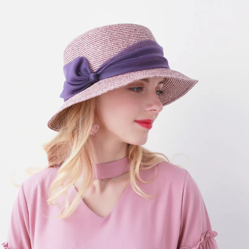 Lady Fedoras Straw Hat Girls Wide Brim Raffia Sunscreen Cap Mixed Color