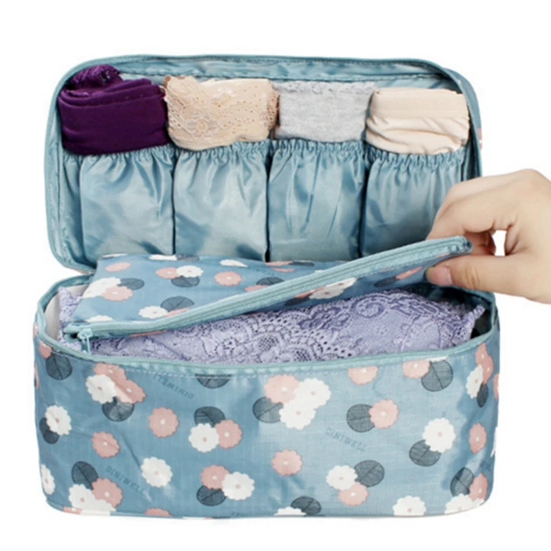Lf sxsounai الاكسسوارات النسائية الأزرق زهرة تخزين حقيبة السفر لل داخلية الملابس الداخلية الصدرية القماش الفن الحقيبة حقيبة حالة