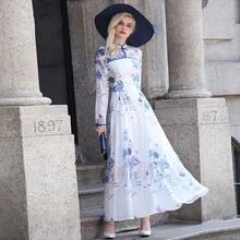2016 S-XXXL Organza Retro Style Printed Women Maxi Dress Summer Plus Size Muslim Long Dresses Mandarin Collar Robe vintage