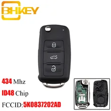 BHKEY 434Mhz remoto llave de coche para VW PASSAT Volkswagen GOLF Tiguan Polo Jetta escarabajo 5K0 837 202AD 5K0837202AD para asiento para Skoda