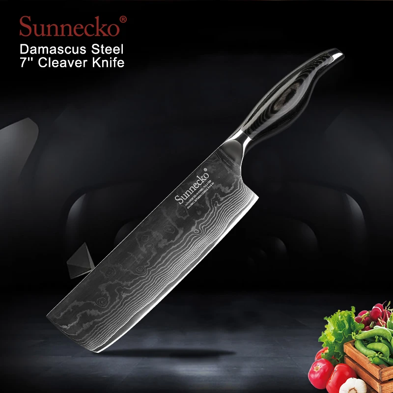 

SUNNECKO 7" Cleaver Knife Damascus Steel Japanese VG10 Sharp Blade Kitchen Knives Pakka Wood Handle Meat Vegetable Cutter Knives